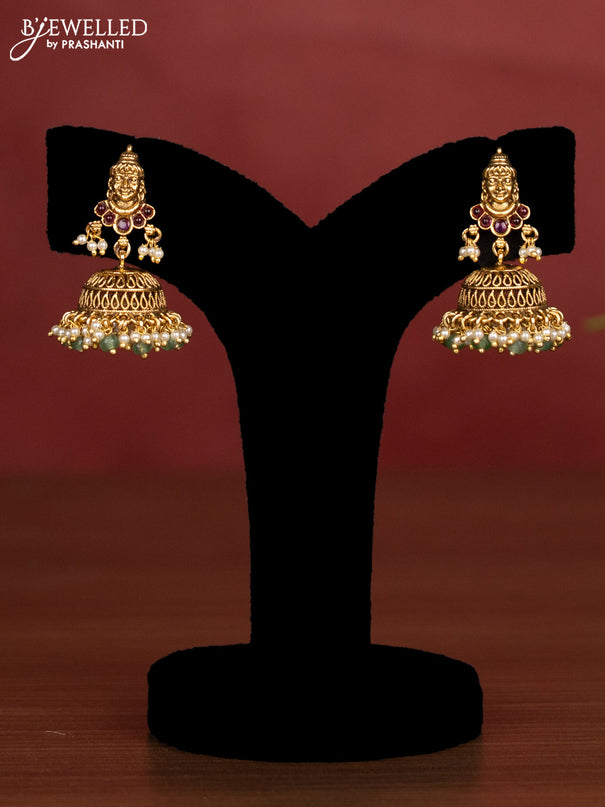 Antique beaded haaram kalinga krishna pendant with pink kemp stones and pearl & green beads hanging