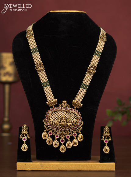 Jadau beade haaram lakshmi pendant with pink jadau stones and hangings