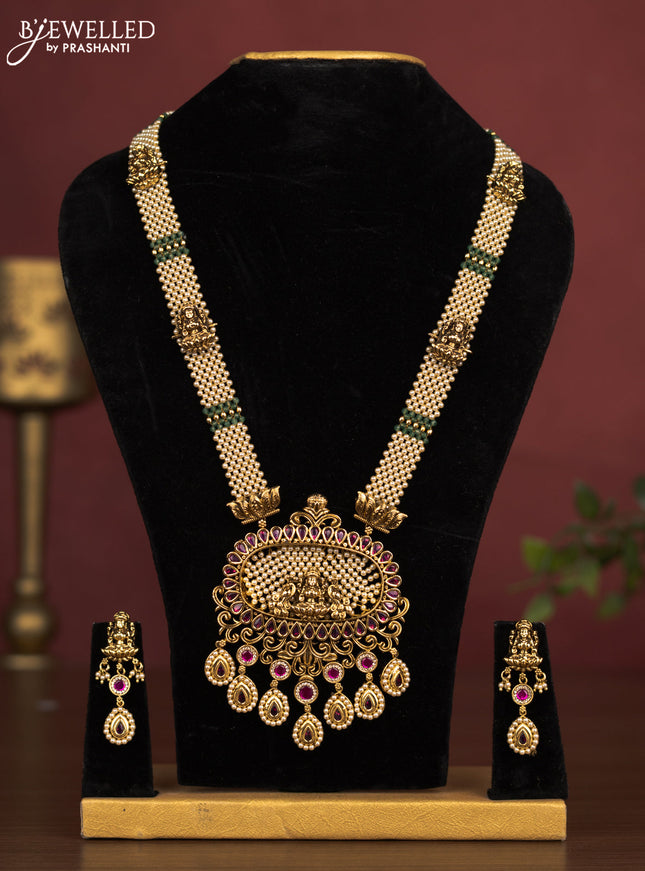 Jadau beade haaram lakshmi pendant with pink jadau stones and hangings