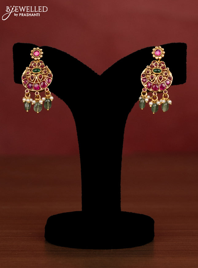 Antique beaded necklace lakshmi & chandbali reversible pendant with kemp stones and pearl & green beads hanging