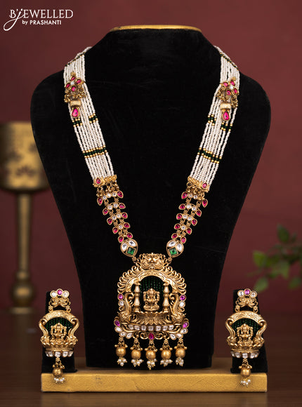 Jadau beaded haaram lakshmi pendant with jadau kundan stones and pearl & golden beads hanging