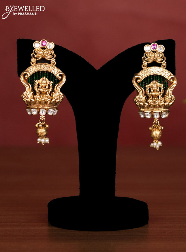 Jadau beaded haaram lakshmi pendant with jadau kundan stones and pearl & golden beads hanging