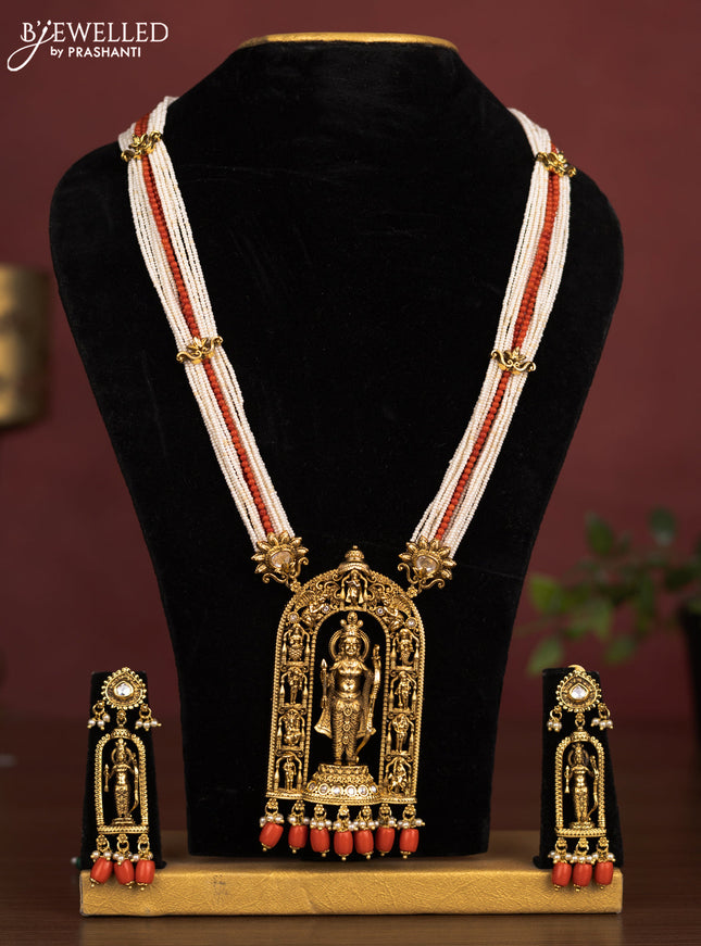 Antique beaded necklace ramdarbar pendant with kundan stones and pearl red beads hanging