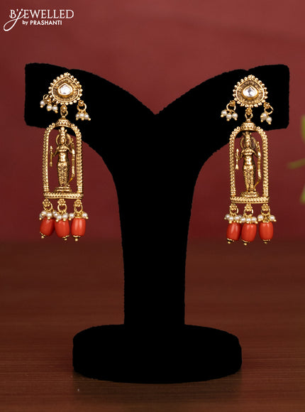 Antique beaded necklace ramdarbar pendant with kundan stones and pearl red beads hanging