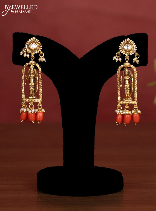 Antique beaded necklace ramdarbar pendant with kundan stones and pearl red beads hanging