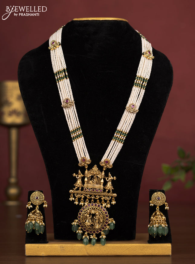 Antique beaded haaram pallakku pendant with pink kemp stones and pearl & green beads hanging