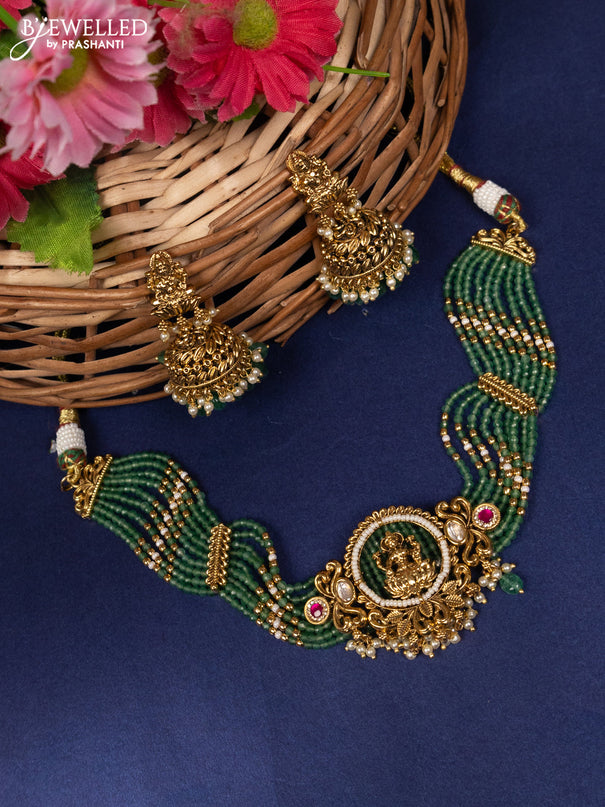 Beaded choker lakshmi pendant with jadau kundan stones and pearl & green beads hanging