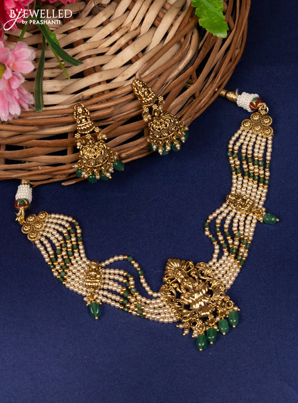 Antique beaded choker with lakshmi pendant and pearl & green beads hanging