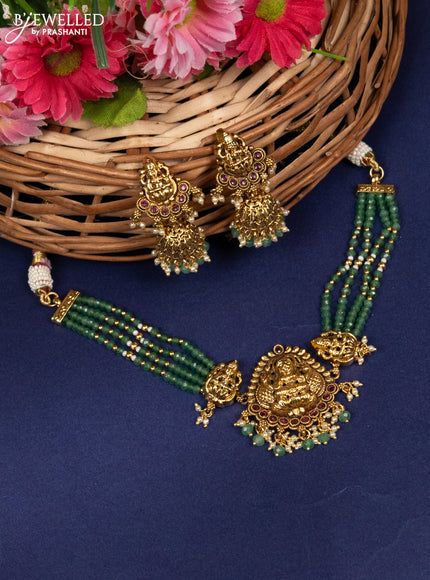 Antique beaded choker lakshmi pendant with pink kemp stones and pearl & green beads hanging