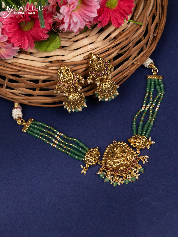 Beaded choker lakshmi pendant with pink kemp stones and pearl & green beads hanging