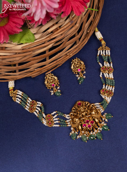 Jadau beaded choker lakshmi pendant with pink jadau stones and pearl & green beads hanging