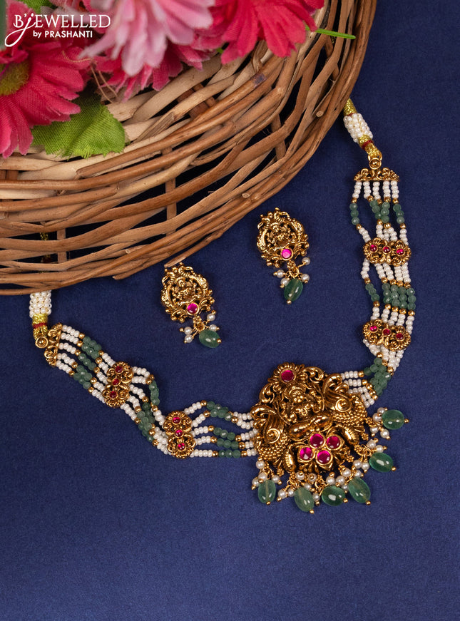 Jadau beaded choker lakshmi pendant with pink jadau stones and pearl & green beads hanging