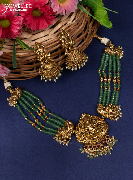 Antique beaded choker lakshmi pendant with pink kemp stones and pearl & green beads hanging