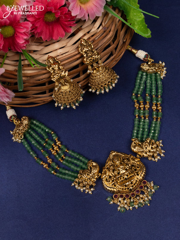 Beaded choker lakshmi pendant with pink kemp stones and pearl & green beads hanging