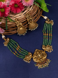 Antique beaded choker lakshmi pendant with pink kemp stones and pearl & green beads hanging
