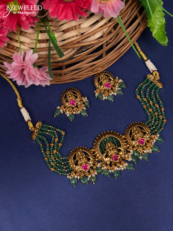 Beaded choker lakshmi pendant with pink jadau stones and pearl & green beads hanging