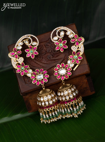 Jadau earcuff jhumka floral design with jadau kundan stones and pearl & beads hanging