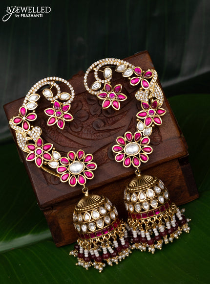 Jadau earcuff jhumka floral design with pink jadau kundan stones and pearl & beads hanging