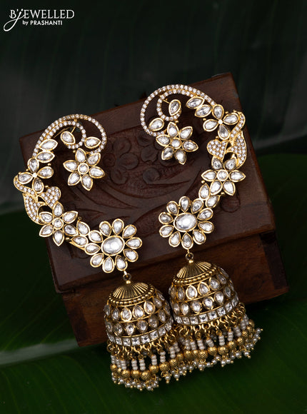 Jadau earcuff jhumka floral design with jadau kundan stones and pearl & beads hanging