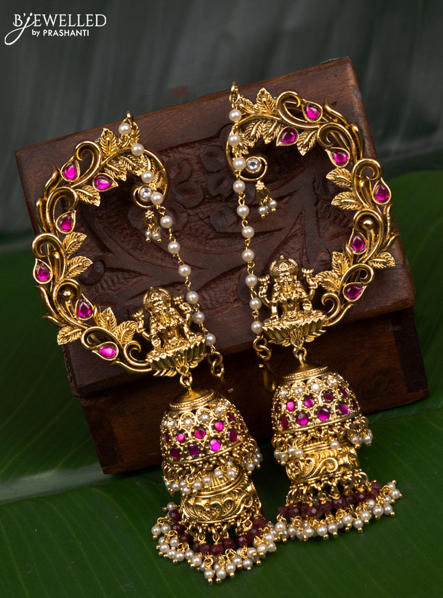 Jadau earcuff jhumka lakshmi design with pink jadau kundan stones and pearl & beads hanging with mattal