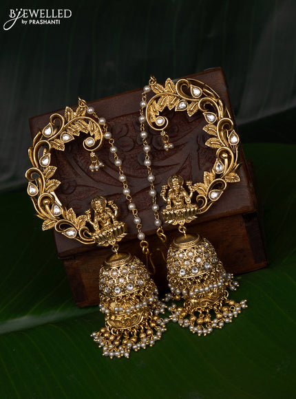 Jadau earcuff jhumka lakshmi design with jadau kundan stones and pearl & golden beads hanging with mattal