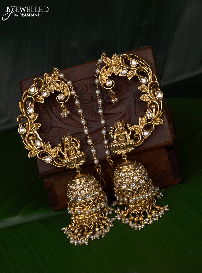 Jadau earcuff jhumka lakshmi design with jadau kundan stones and pearl & golden beads hanging with mattal