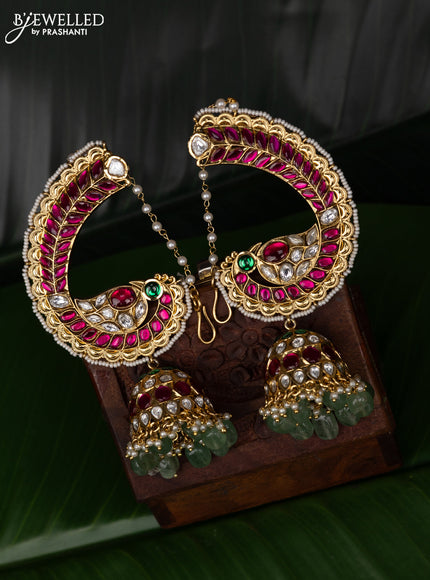 Jadau earcuff jhumka peacock design with jadau kundan stones and pearl & beads hanging with mattal
