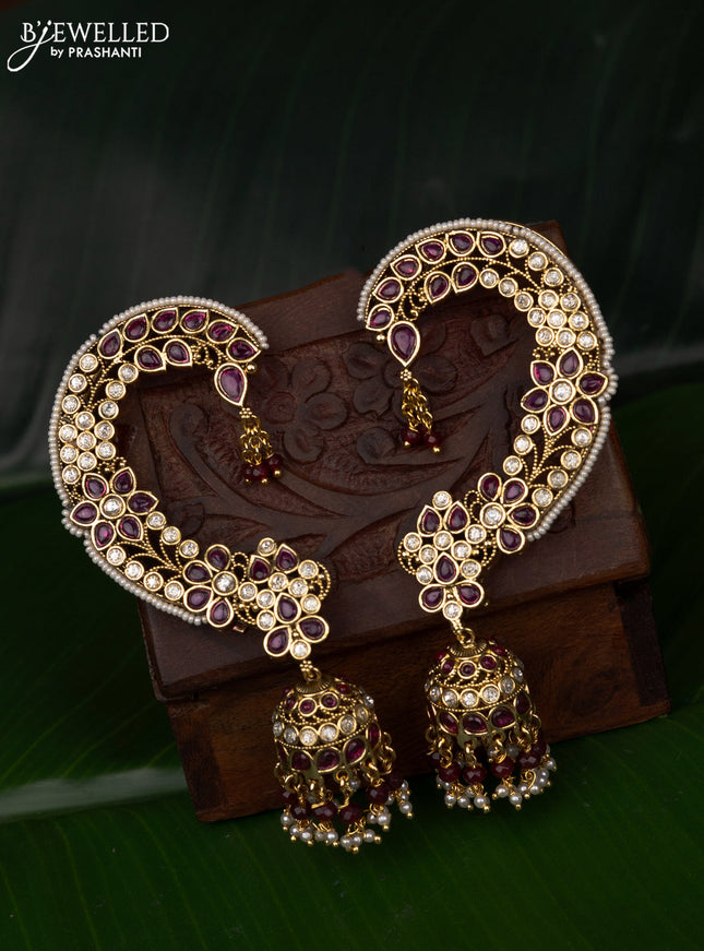 Antique earcuff jhumka floral design with pink kemp & cz stones and pearl & beads hanging