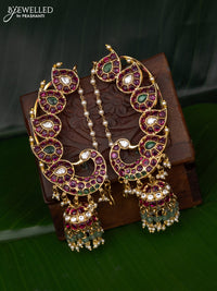Antique earcuff jhumka peacock design with kemp & cz stones and pearl & beads hanging with mattal