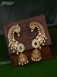 Antique earcuff jhumka peacock design with kemp & cz stones and pearl hangings