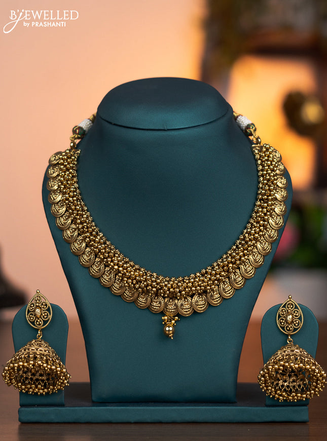 Antique necklace lakshmi kasu design with golden beads hanging