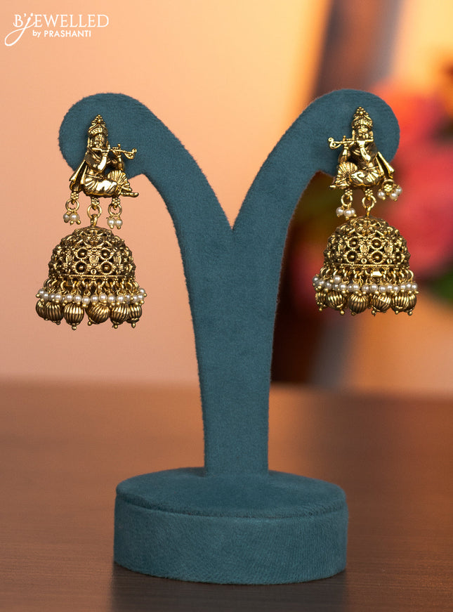 Antique necklace krishna & pecock design with cz stones and pearl & golden beads hanging