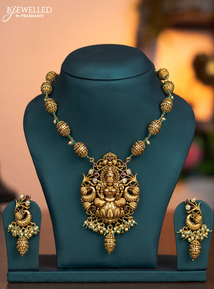 Antique necklace lakshmi pendant with pink kemp & cz stone and pearl & beads hanging