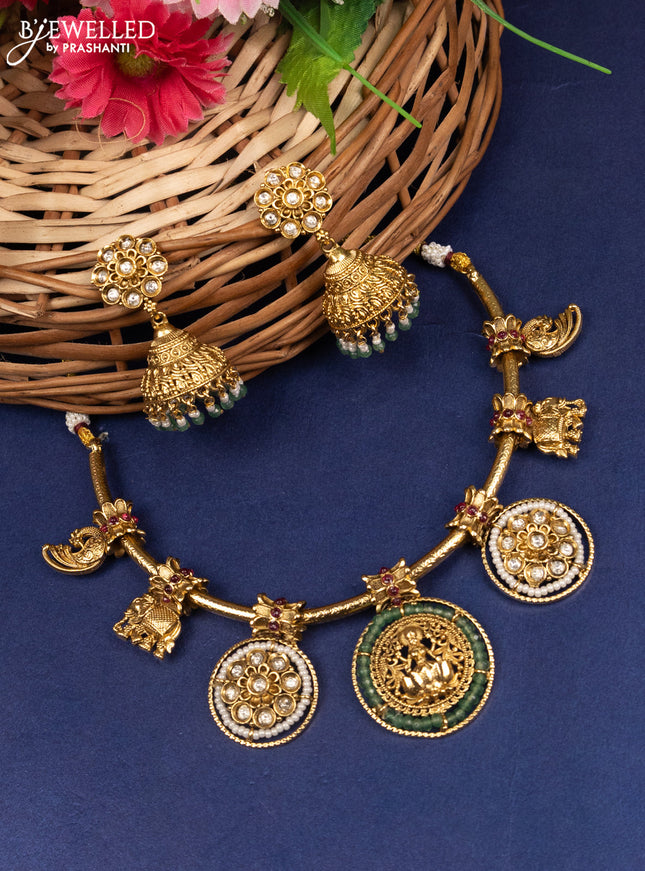 Antique ring type choker lakshmi & elephant design with kundan stones and pearl & green beads