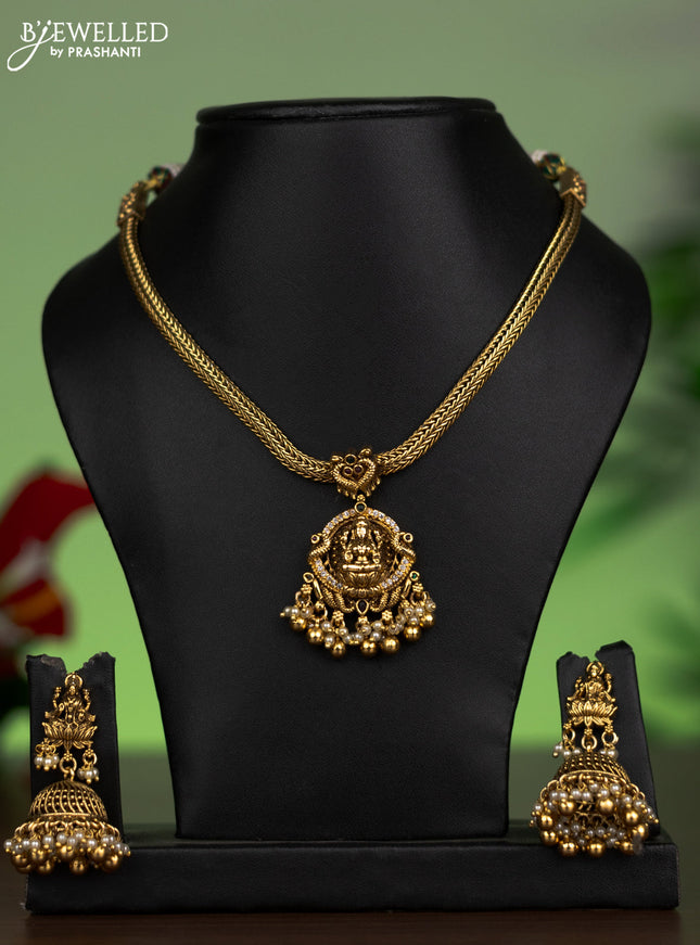 Antique attigai necklace lakshmi pendant with kemp & cz stones and pearl & golden beads hanging