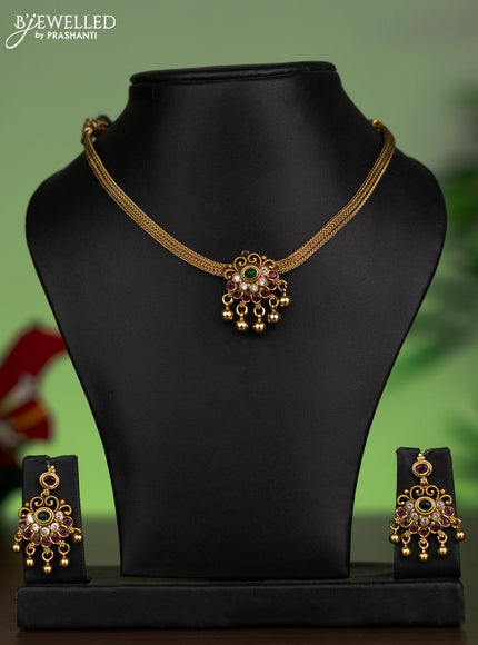Antique attigai necklace with kemp & kundan stones and golden beads hanging