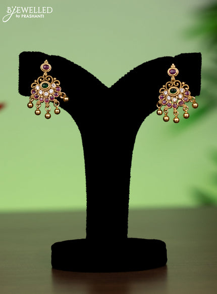 Antique attigai necklace with kemp & kundan stones and golden beads hanging