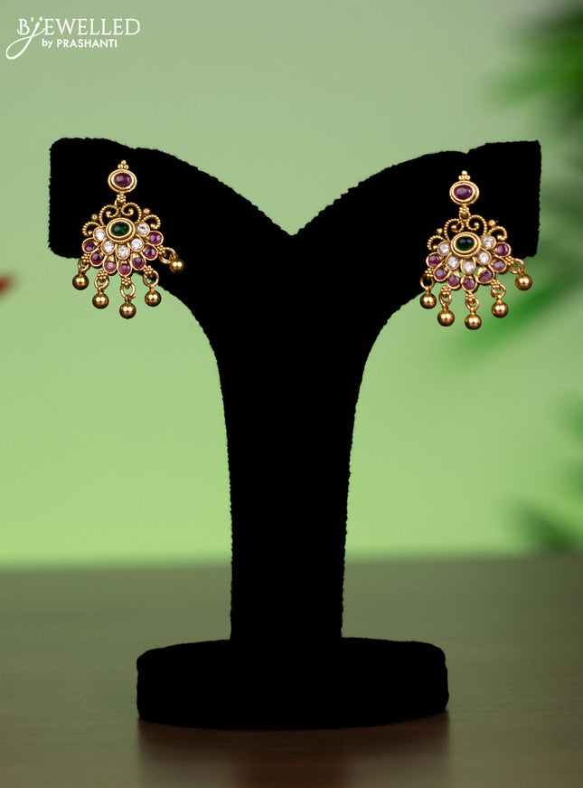 Antique attigai necklace with kemp & kundan stones and golden beads hanging