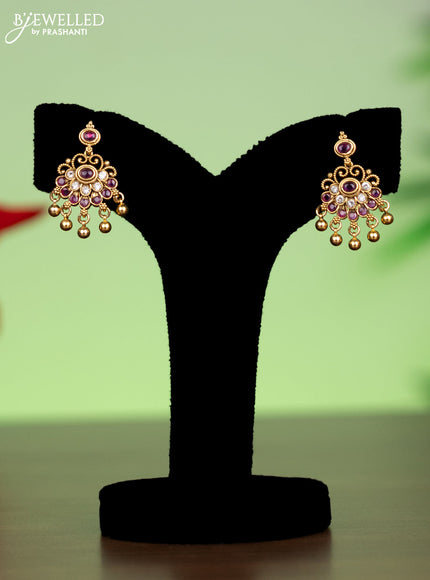 Antique attigai necklace with pink kemp & kundan stones and golden beads hanging