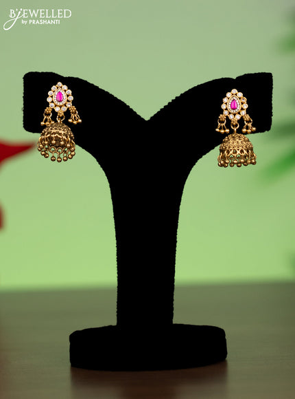 Jadau attigai necklace with pink jadau & cz stones and golden beads hanging