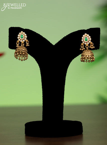 Jadau attigai necklace with green jadau & cz stones and golden beads hanging