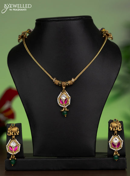 Antique attigai necklace elephant design with pink kemp & kundan stones and green beads hanging