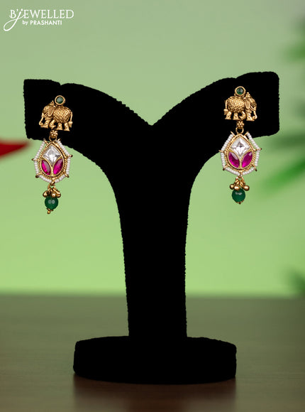 Antique attigai necklace elephant design with pink kemp & kundan stones and green beads hanging