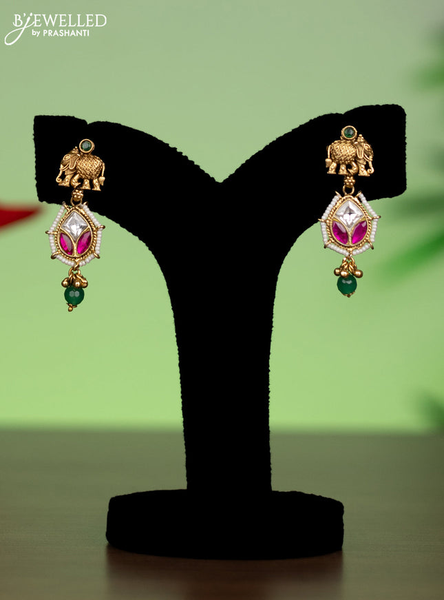 Antique attigai necklace elephant design with pink kemp & kundan stones and green beads hanging