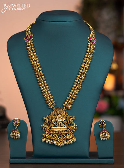 Antique haaram krishna pendant with kemp stone and pearl & golden beads hanging