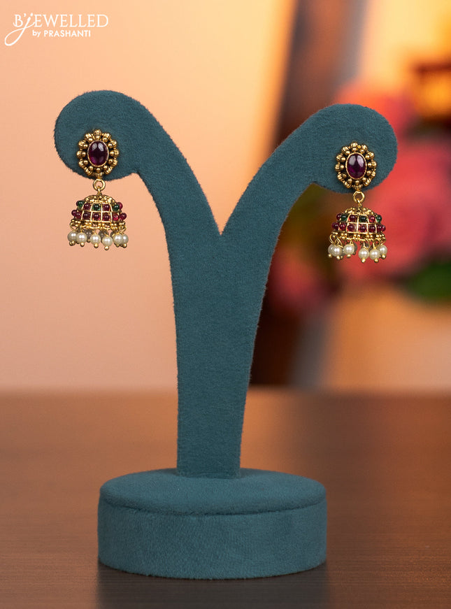 Antique haaram krishna pendant with kemp stone and pearl & golden beads hanging