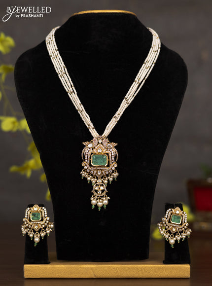 Pearl necklace parrot design with mint green & cz stones and pearl hangings