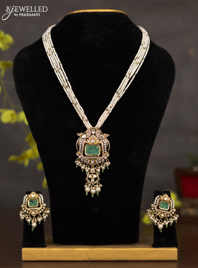 Pearl necklace parrot design with mint green & cz stones and pearl hangings