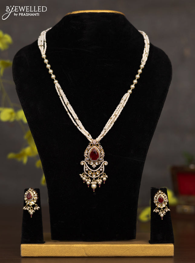 Pearl necklace with ruby & cz kundan stones and pearl hangings