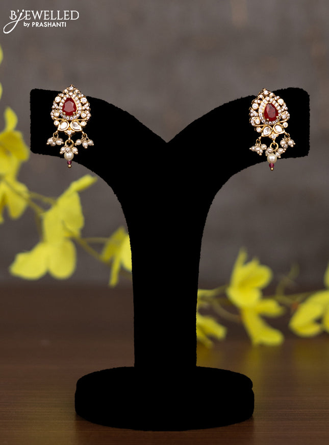 Pearl necklace with ruby & cz kundan stones and pearl hangings